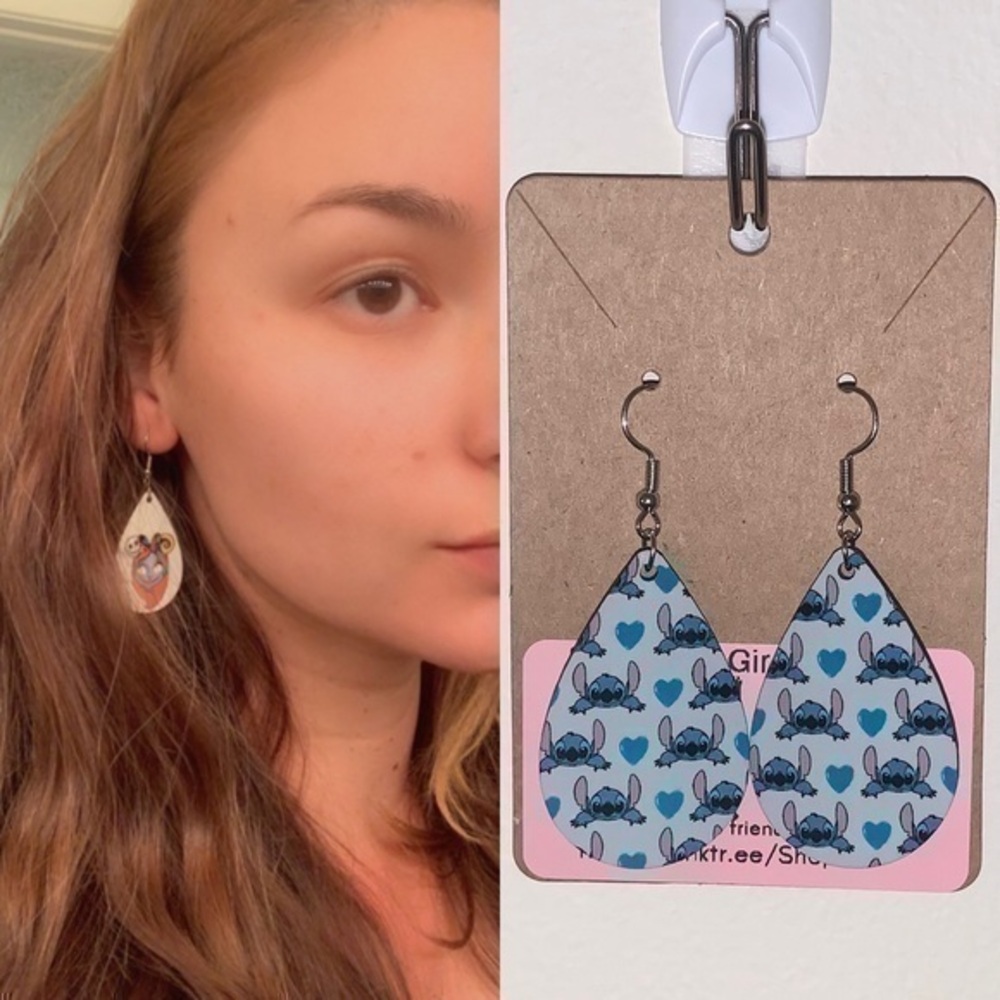 Disney stitch love wood tear drop earring set new